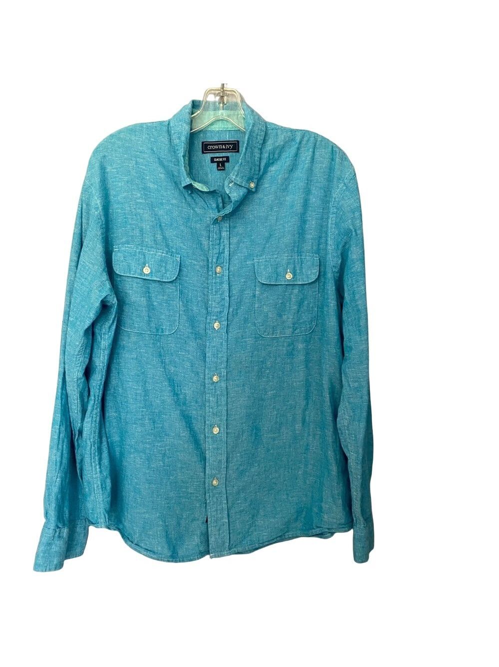 Crown & Ivy Men Blue Shirt size large linen/cotton blend
